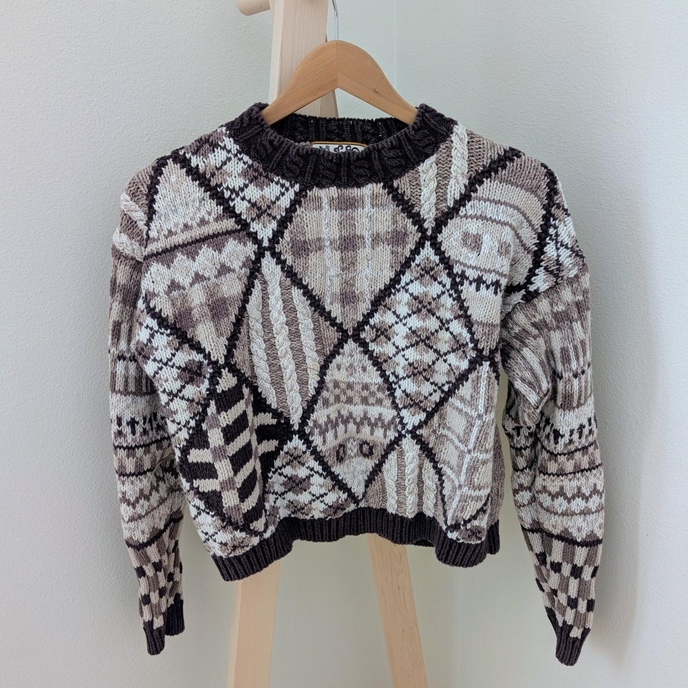 Vintage Argyle Patchwork Geometric Patterned Cropped Crewneck Sweater In Brown